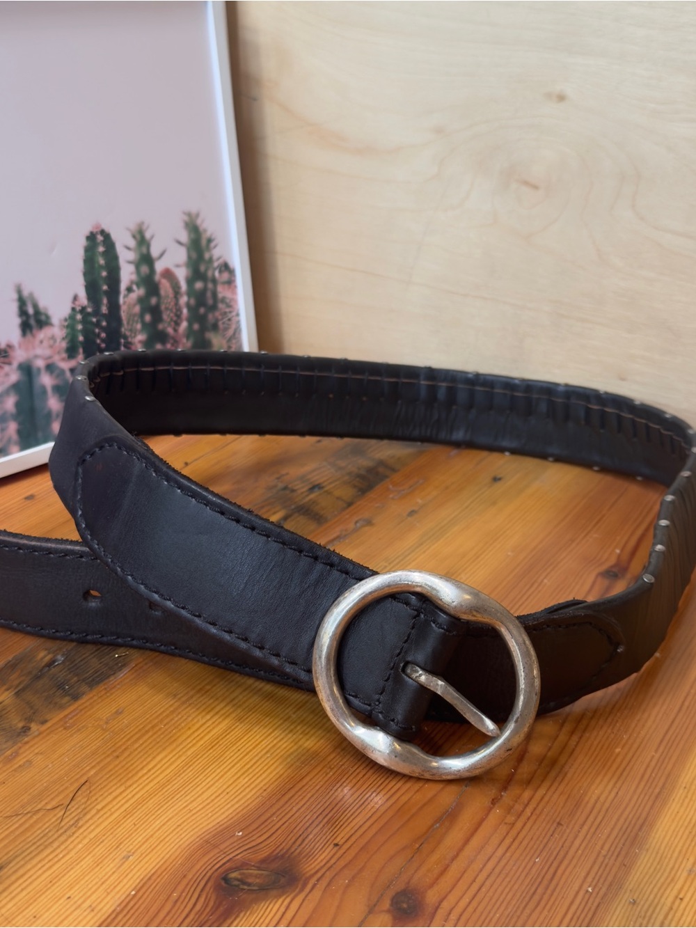 Lucky Brand Black Leather Belt with Round Silver-Tone Buckle